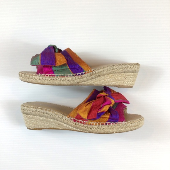 Carmen Saiz Espadrille Wedge Slide Sandals Bright Colorful Silk w/ Bow sz 39/8 - Picture 4 of 8